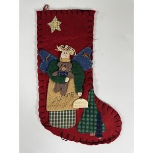 Vintage Red‎ Primitive Penny Felt Applique Christmas Stocking Angel